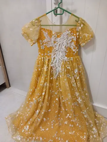 Mustard Yellow Floral Embroidered Party Dress with Puff Sleeves