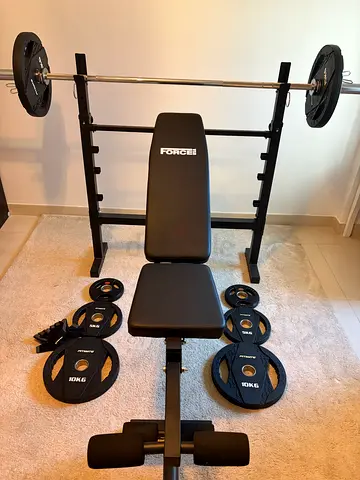 Adjustable Weight Bench with Barbell and Plates - Home Gym Set. Brand new excellent condition.