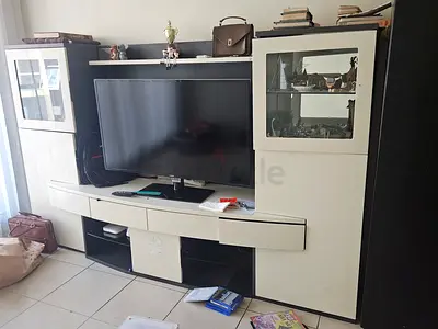 White and Black TV Unit with Glass Cabinets