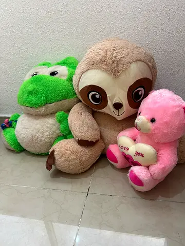 Set of 3 Large Plush Soft Toys - Sloth, Dino and Pink Bear (Good Condition)