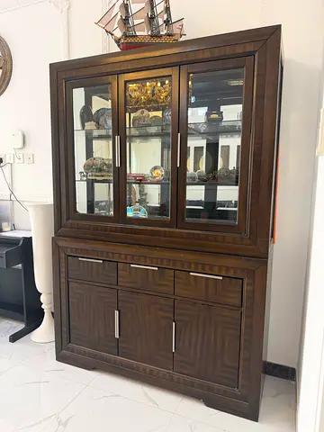 Solid Wood Display Cabinet with Glass Doors and Storage Drawers
