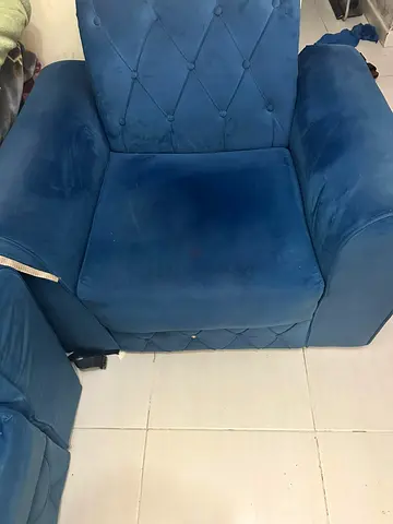 Blue Velvet Armchair - 5 Seater Sofa, Good Condition