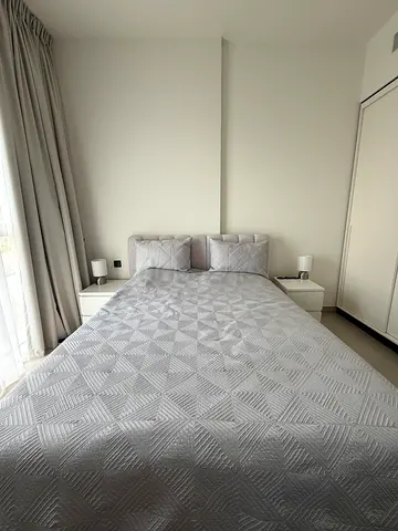 Queen bed with mattress and bedside tables - light grey set