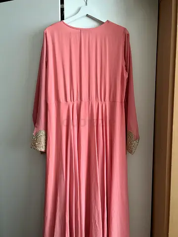 Long pink modest dress with embellished sleeve cuffs - size unknown