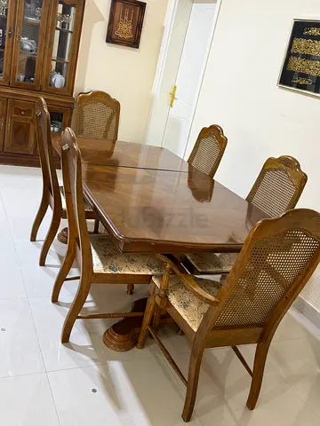 Solid Wood Dining Table with 6 Cane-Back Chairs