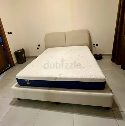 Queen Size Upholstered Bed Frame  سرير ملكي جديد مع فراش طبي - كنبة جديدةwith Mattress - Light Beige