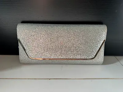 Silver Glitter Evening Clutch Bag with Metal Trim - ALDO