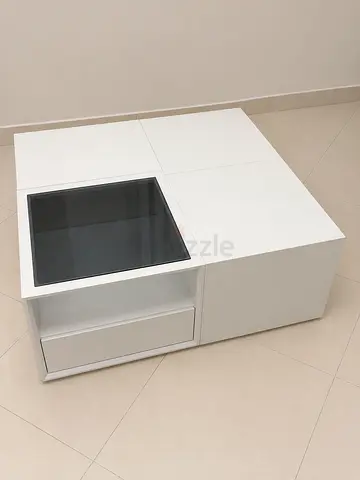 Modern White Square Coffee Table with Glass Insert and Drawer