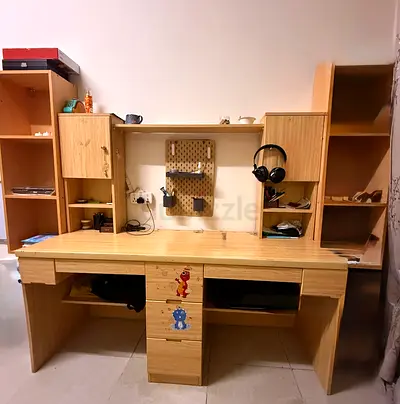 Large Double Study Desk with Overhead Shelves and Cabinets - Light Wood