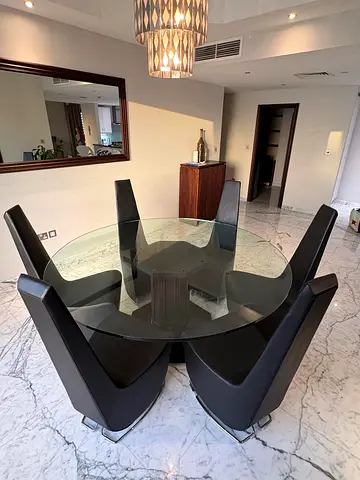 Glass Top Round Dining Table with 6 Black Leather Chairs from Miniforms Italy