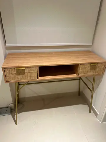 Wooden Desk with Rattan Drawers and Gold Metal Frame
