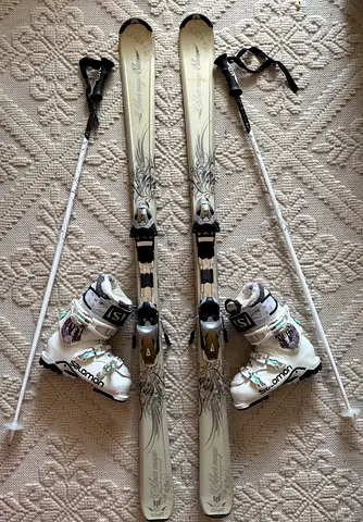 Women’s Salomon Ski Set – Skis, Poles  Boots (Size visible)