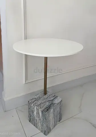 Round White Side Table with Marble Cube Base