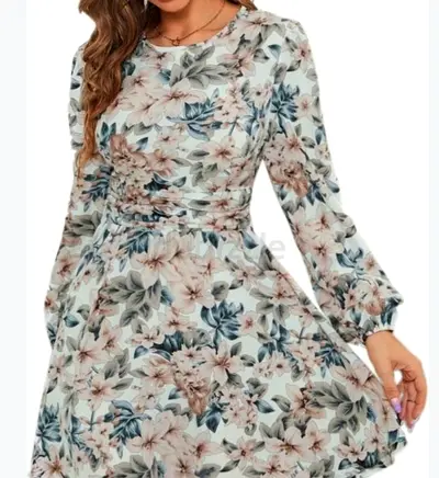 Floral Long-Sleeve Midi Dress — Light Pastel Bouquet Print