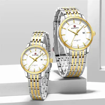 Naviforce 9228g silver/gold pair of Two-Tone Stainless Steel Watches (His  Hers) couple