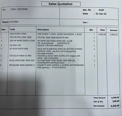 Used Custom Gaming PC Components Quotation (Ryzen 7 3700X, RX570 8GB, 16GB RAM, 512GB NVMe, 1TB HDD)