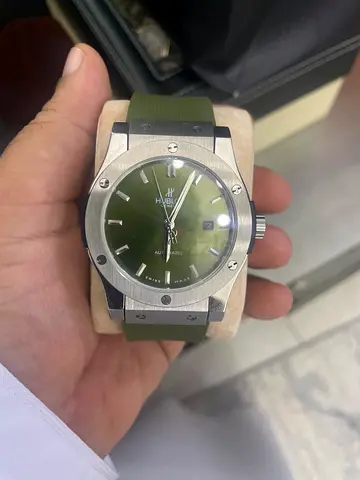 Green Dial Hublot-style Mens Watch with Rubber Strap
