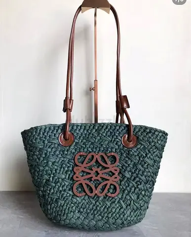 Loewe Green Woven Straw Tote Bag with Leather Straps and Decorative Logo