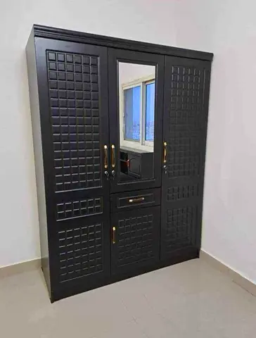 Black 3-Door Wardrobe with Mirror - Good Condition