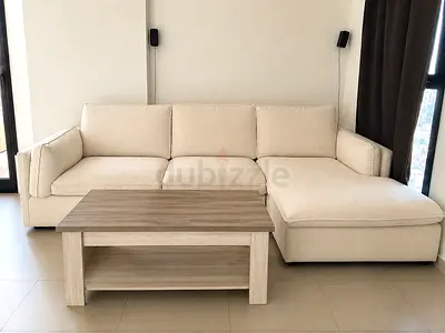Beige L-shape Fabric Sofa with Ottoman - Good Condition total  7 items