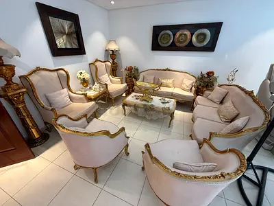 Vintage French-style Living Room Sofa and Chair Set - 7pcs, Gold Trim