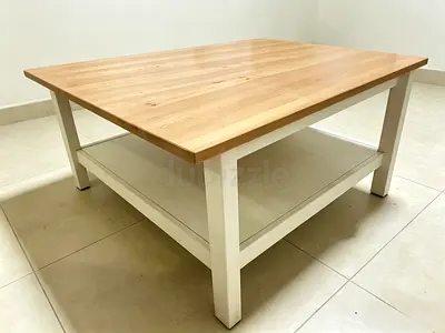Solid Wood Top Coffee Table with Lower Shelf — Light Oak  White Frame