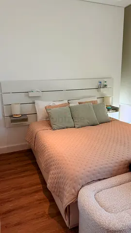Queen bed with integrated headboard, storage drawers, shelves and new mattress