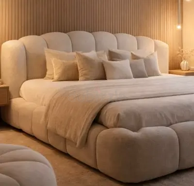 Plush Beige Upholstered King Bed with Padded Headboard