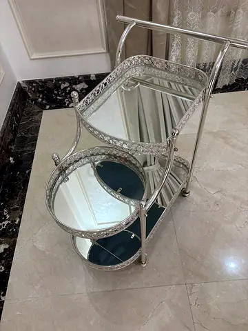 Silver Mirrored Corner Accent Table with Round Mirror Shelves