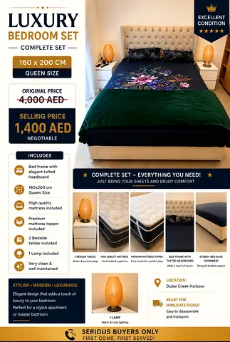 Complete Queen Size Luxury Tufted Bed Frame Set – Mattress, Headboard  2 Bedside Tables Included