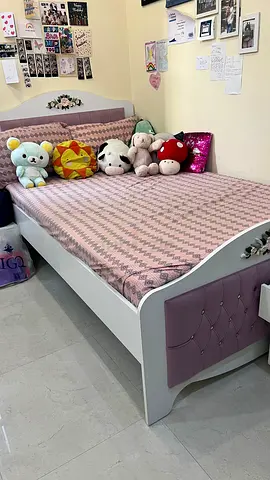 White and Pink Single Bed with Headboard and Footboard and Mattress