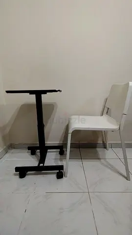 Adjustable Rolling Laptop Table with White Plastic Chair - Good Condition