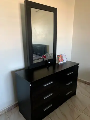 Dark Wood Dresser with Large Mirror - 6 Drawers