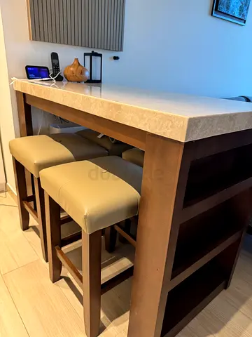 Wooden Dining Set with Marble Top and 4 Stools
