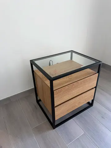 Modern Industrial Anders Nightstand with Two Drawers and Glass Top + Built-in x2 USB