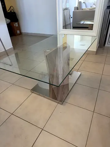 Glass Top Dining Table with Wood Pedestal Base - Modern Design