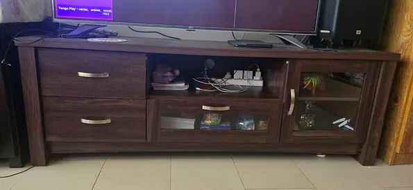 Dark Wood TV Cabinet with Drawers and Glass Doors - Good Condition