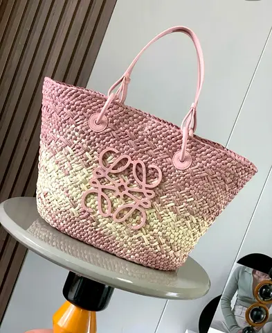 Loewe Pink Ombre Woven Straw Tote Bag with Decorative Logo