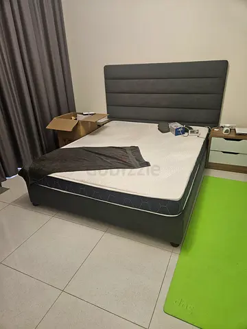 Queen Bed Base with Upholstered Headboard and Mattress - Used