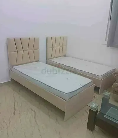 Pair of Single Beds with Headboards and Mattresses - Beige