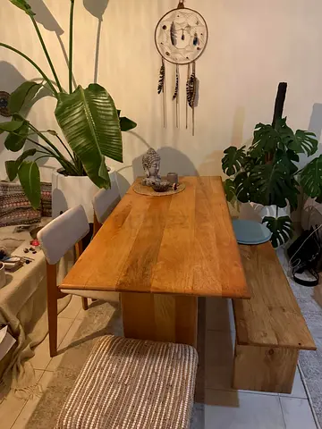 Art  Crafts Authentic Solid Wood Dining Table with Bench and Chairs — Natural Finish