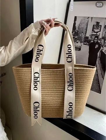 Chloe Beige woven tote bag with branded Chloo ribbon straps