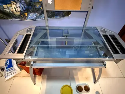 Glass Computer Desk with Pull-Out Keyboard Tray