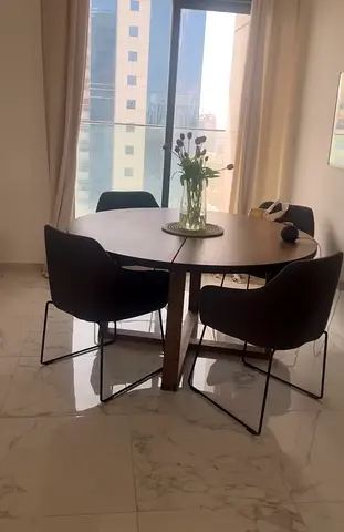 Solid Wood Round Dining Table with 4 Upholstered Chairs - Dark Finish