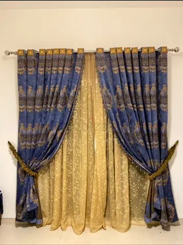 Elegant Blue  Golden Blackout Curtains for Sale includes double curtain rods