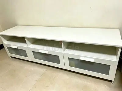White TV Stand / Entertainment Unit with Glass Drawer Fronts