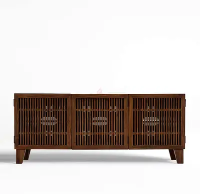 Crate and Barrel Solid Wood 3-Door Slatted TV Console m - Walnut
