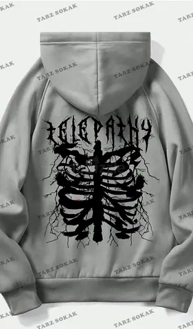 Grey Hoodie with Black Ribcage Graphic - Casual Pullover