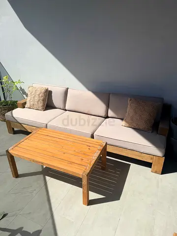 Large 3-Seater Outdoor Acacia Wooden Sofa Set with Table and Cushions
