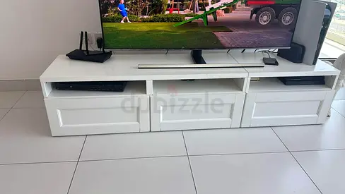 Low White TV Entertainment Unit with 3 Drawers - Modern Minimalist